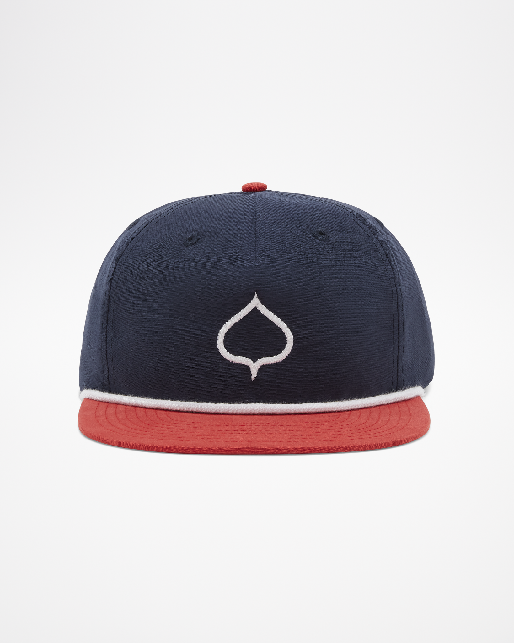 Aspen Collection rope hat, navy blue cap, red brim and white rope and aspen leaf logo