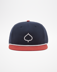 Aspen Collection rope hat, navy blue cap, red brim and white rope and aspen leaf logo