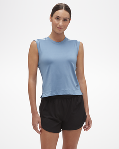 Women's Antero Active Top in Blue Haze Color, by Aspen Collection. Tank top style cut, with athletic fabric and hip length cut at waist