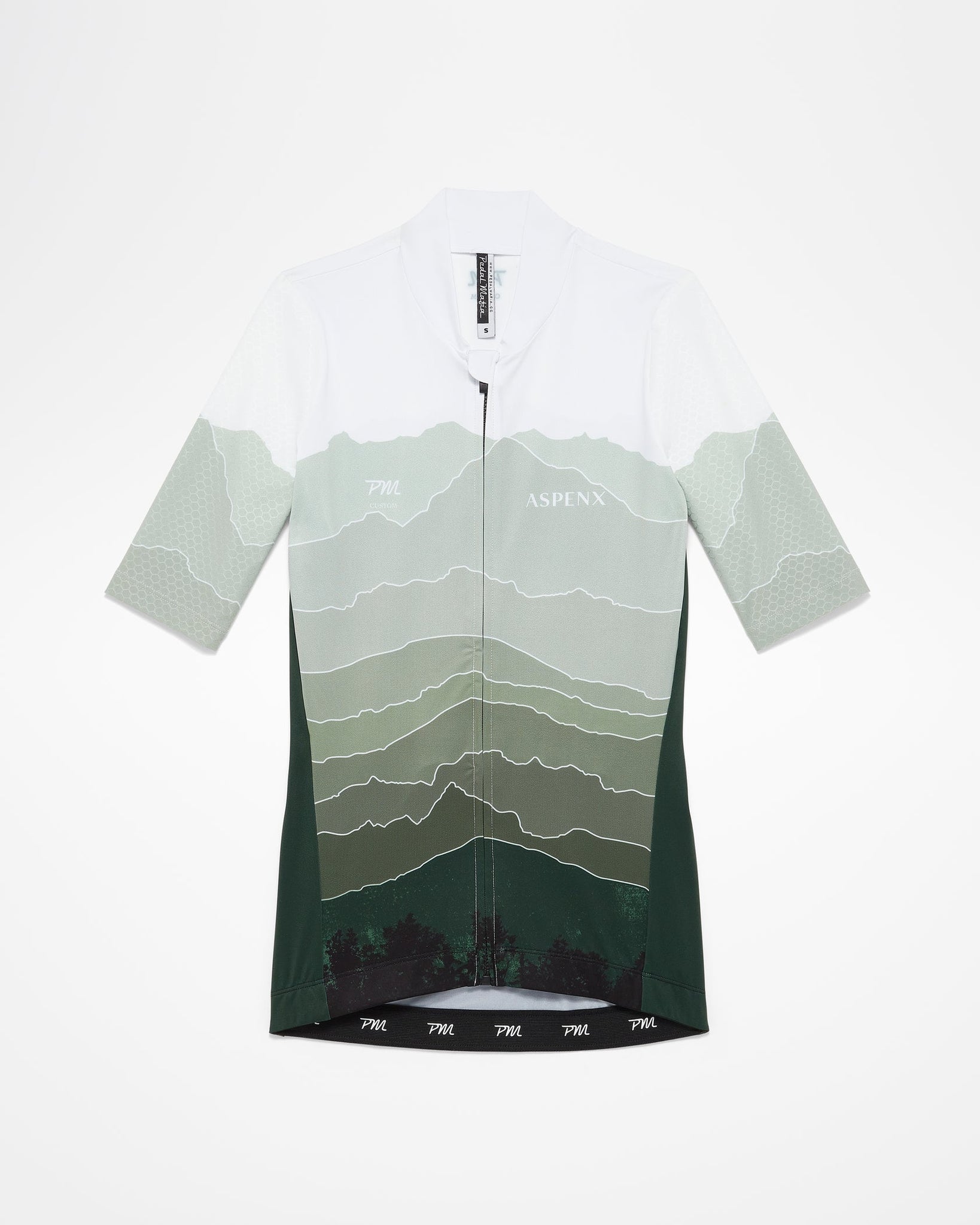 Aspen Collection Pedal Mafia Pro Team Women's Short Sleeve Jersey, view from front. Different shade of green on abstract mountain range