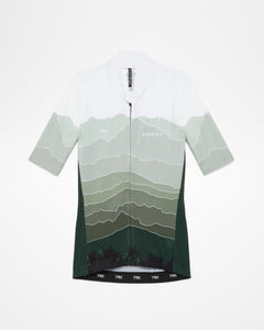 Aspen Collection Pedal Mafia Pro Team Women's Short Sleeve Jersey, view from front. Different shade of green on abstract mountain range