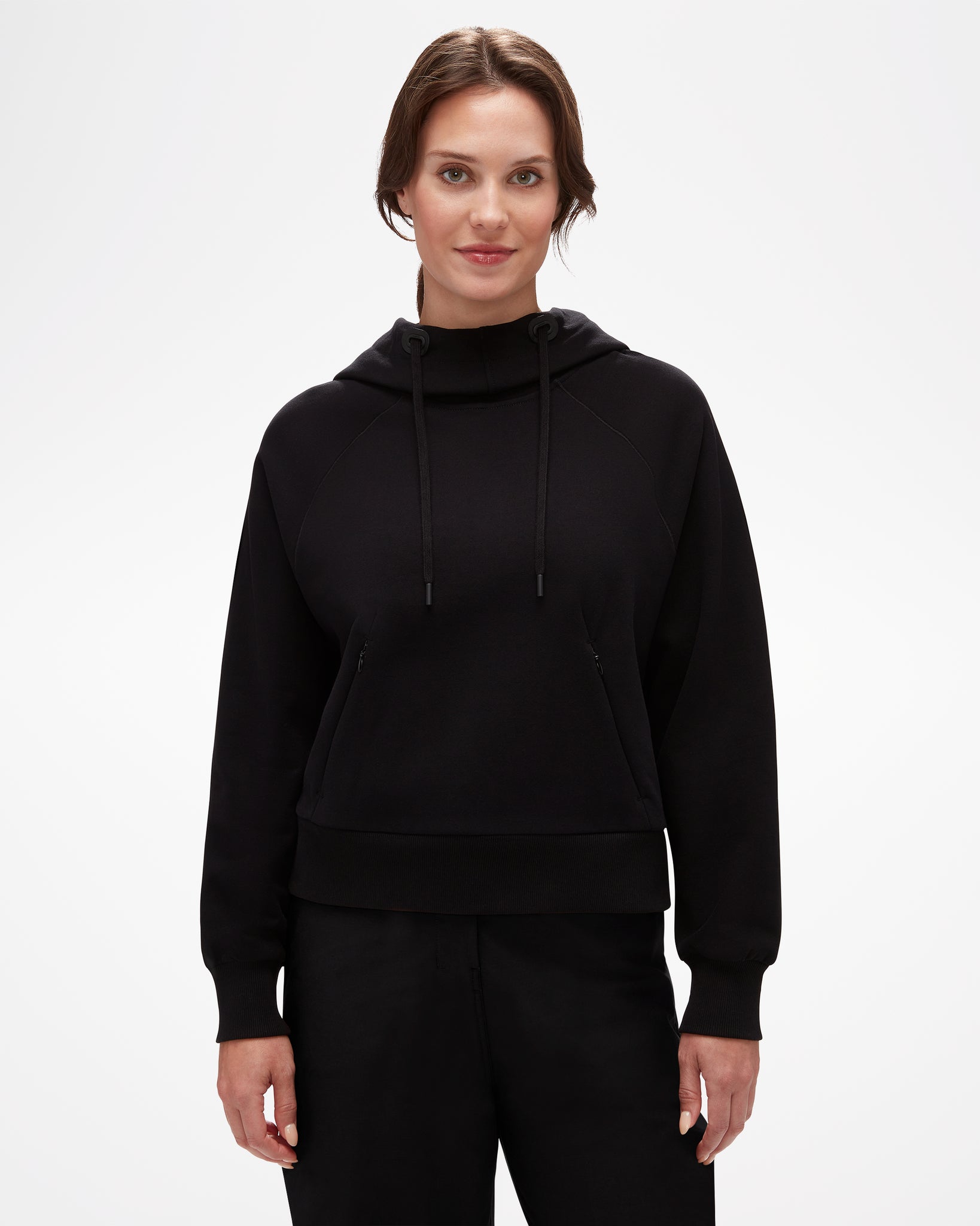 Hallam Essential Hoodie, black hoodie, slightly cropped with layered and large hood