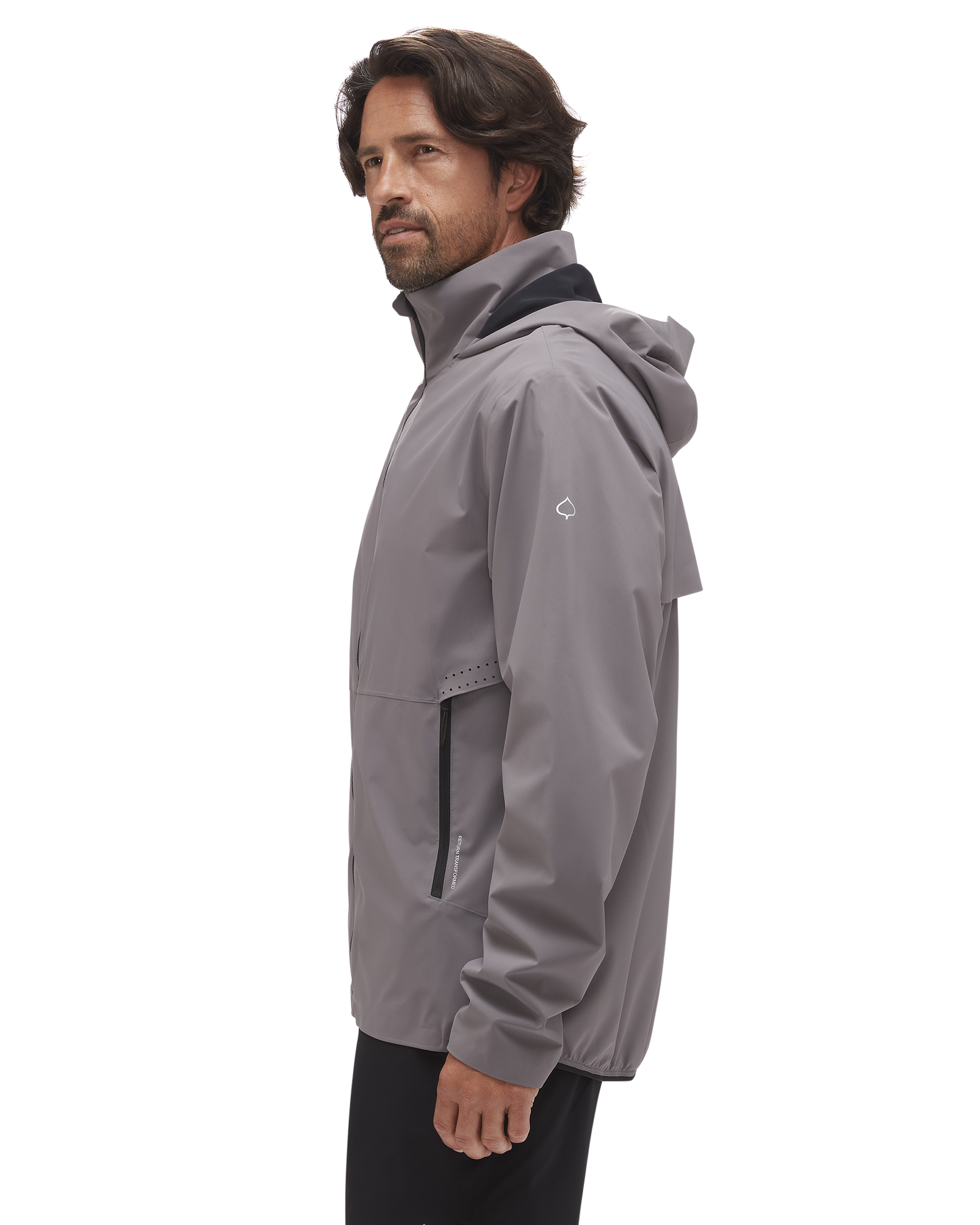 Men's Boundless Jacket by aspen collection, wind breaker or top layer, side view of jacket, small silver leaf logo on side, black zipper details and hood