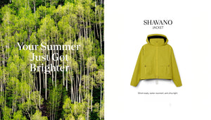 Green jacket with 'Shavano' branding on a white background, next to a forest scene with text 'Your Summer Just Got Brighter'.