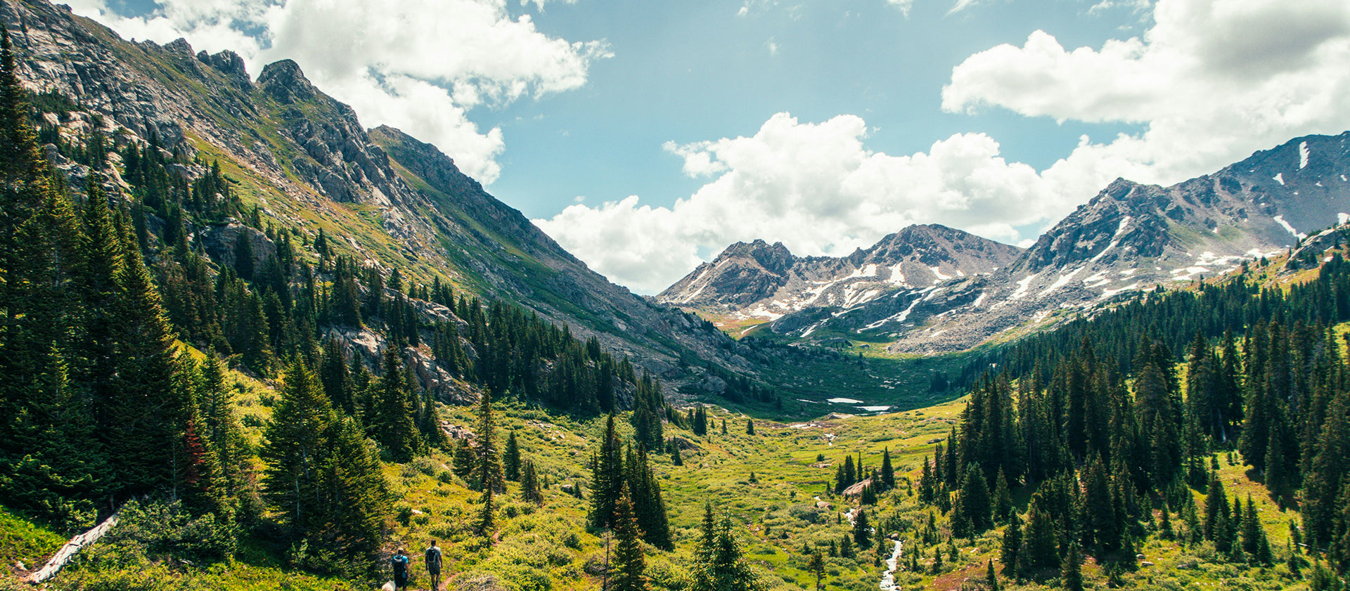 Valley surrounded by mountains and trees with a clear blue sky.