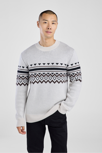 Man wearing a gray sweater with a black and white pattern on a white background