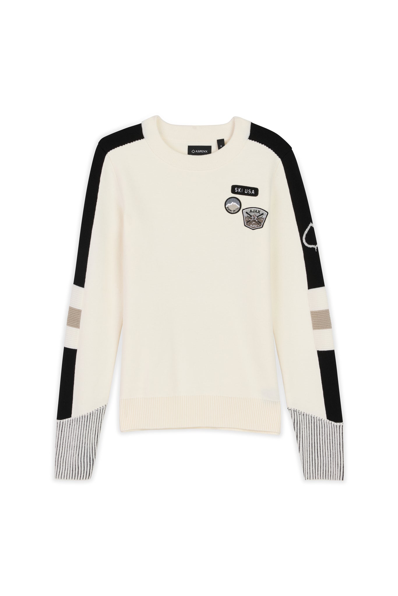 White sweater with black and gray sleeves on a white background