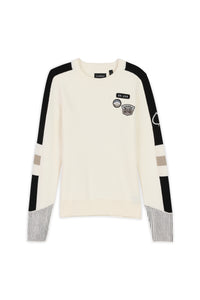 White sweater with black and gray sleeves on a white background