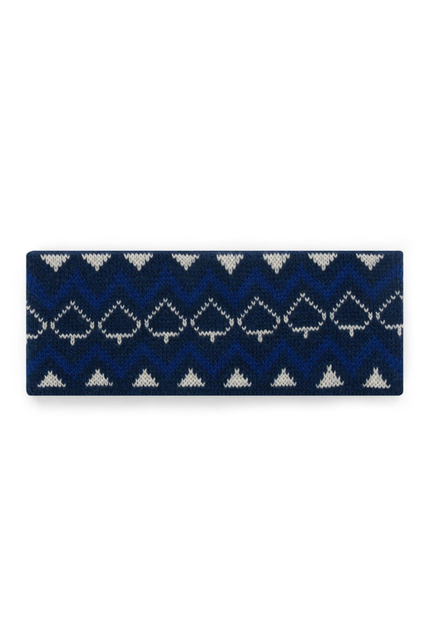 Navy blue headband with white geometric pattern on a white background
