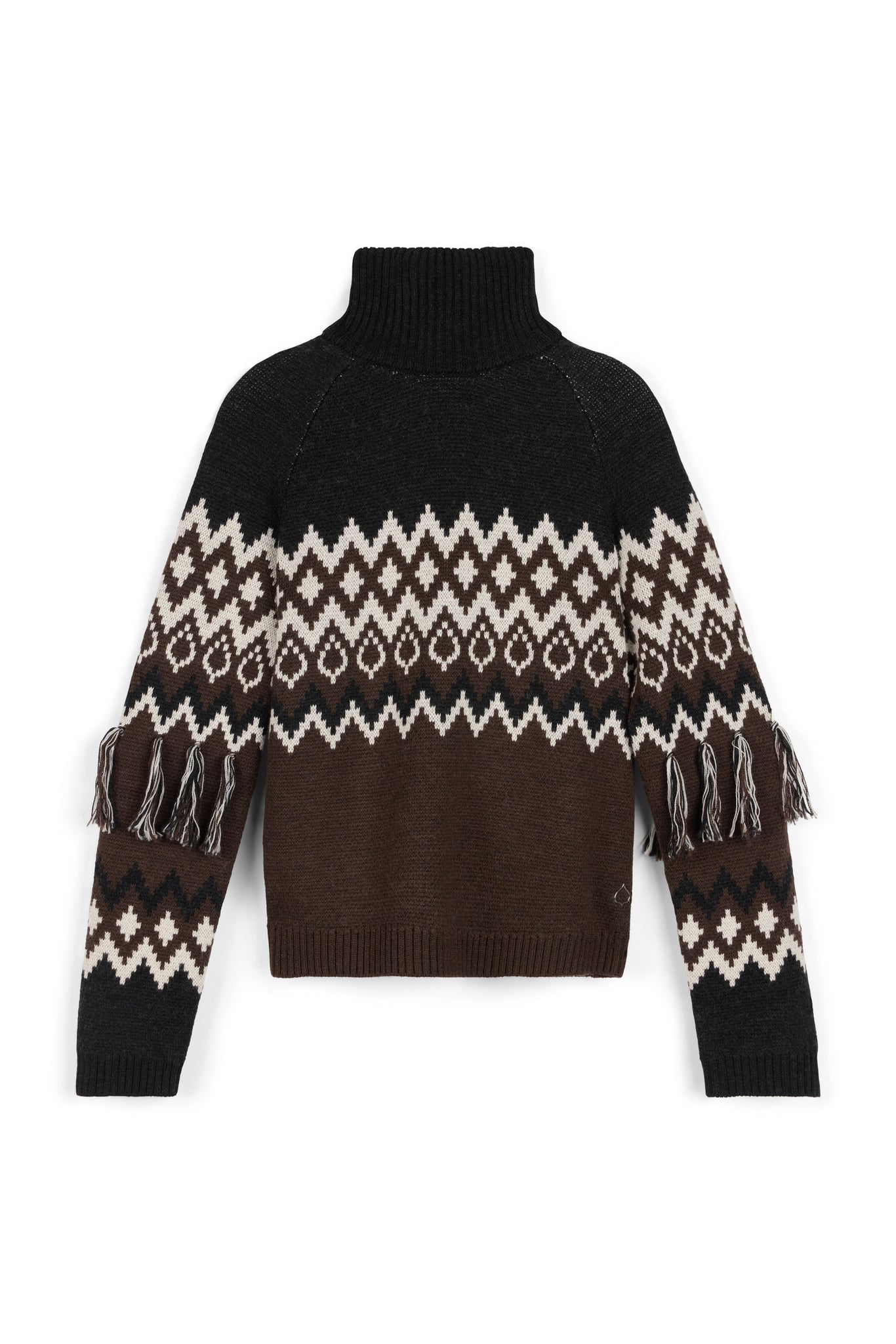 Black sweater with white and brown pattern on a white background