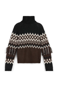 Black sweater with white and brown pattern on a white background