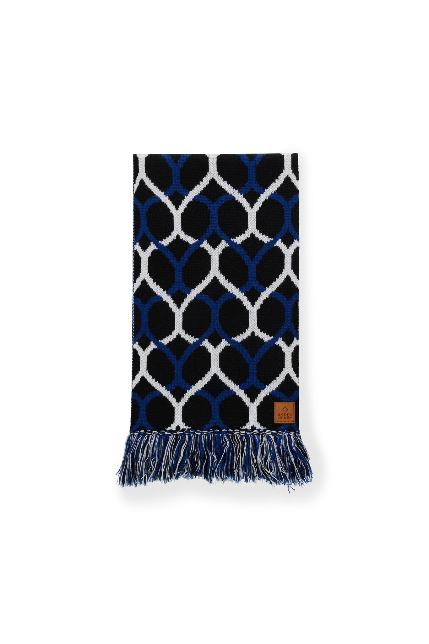 Navy blue and white patterned scarf with fringes on a white background
