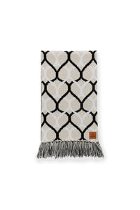 Scarf with geometric pattern and brand label on a white background