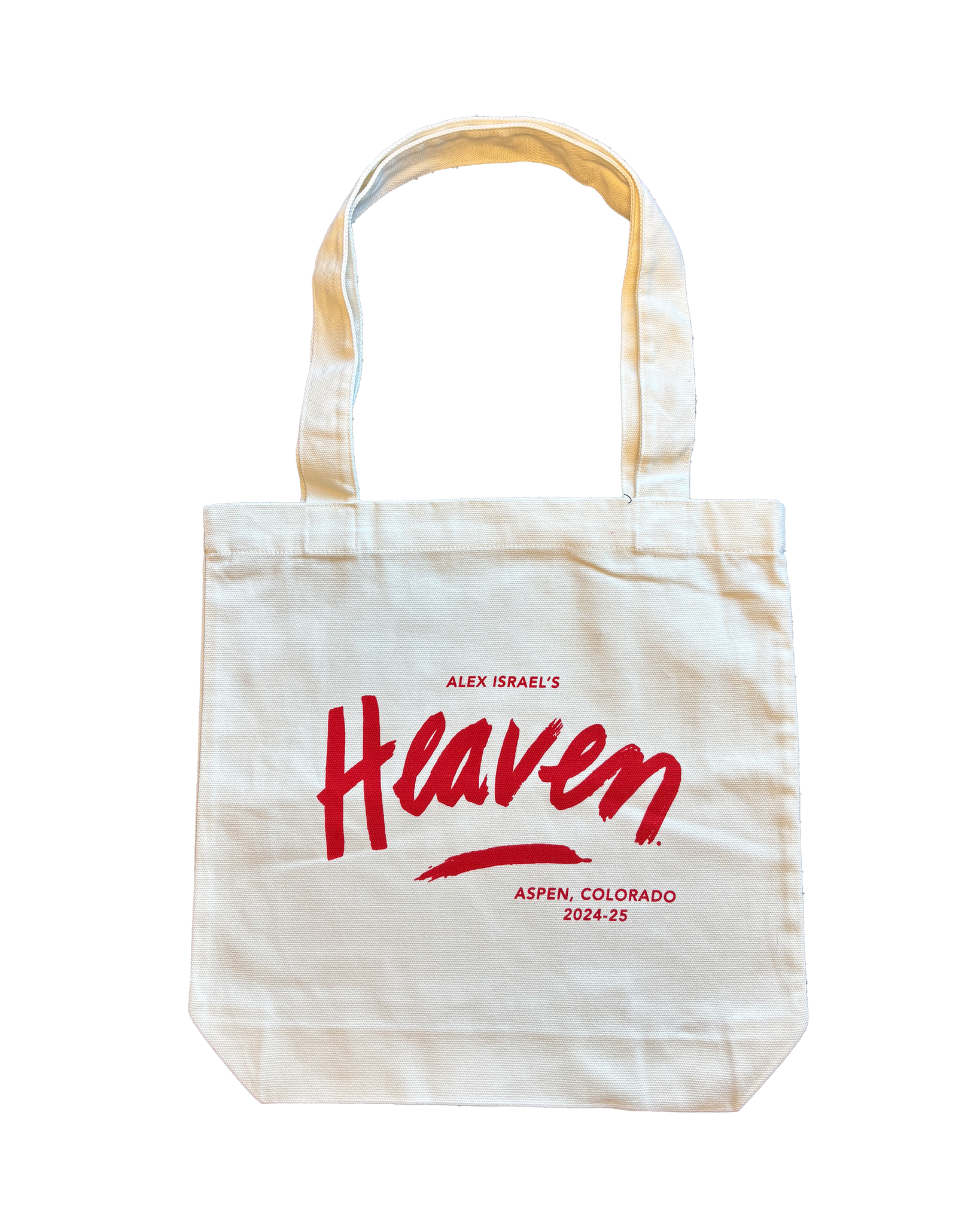 Whit canvas over the should tote with red words "Alex Israel's Heaven, Aspen Colorado, words have a easy, fun cursive style font