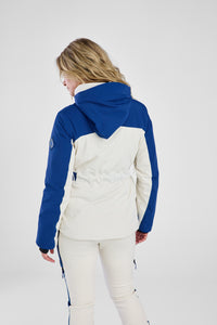 Person wearing a blue and white jacket with a hood on a white background