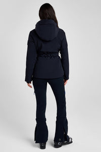Person wearing a black ski jacket and pants on a white background