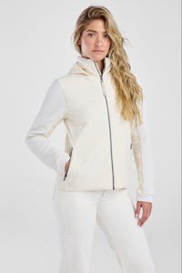 Woman wearing a white jacket with a zipper on a white background