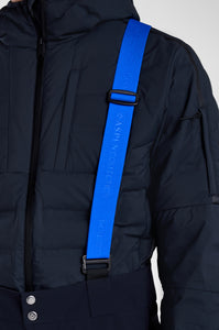 Black puffer jacket with a blue strap featuring branding on a white background