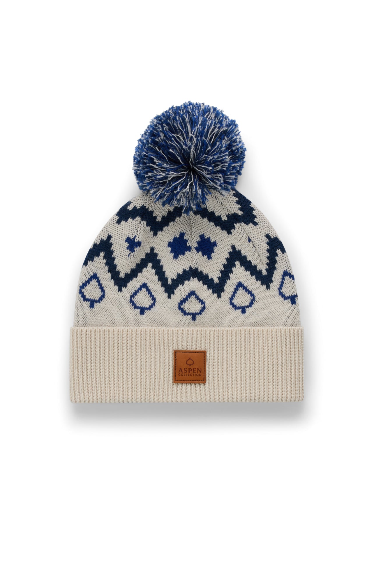 Knitted beanie with blue pattern and pom-pom on a white background