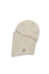 Beige balaclava with a black logo on a white background