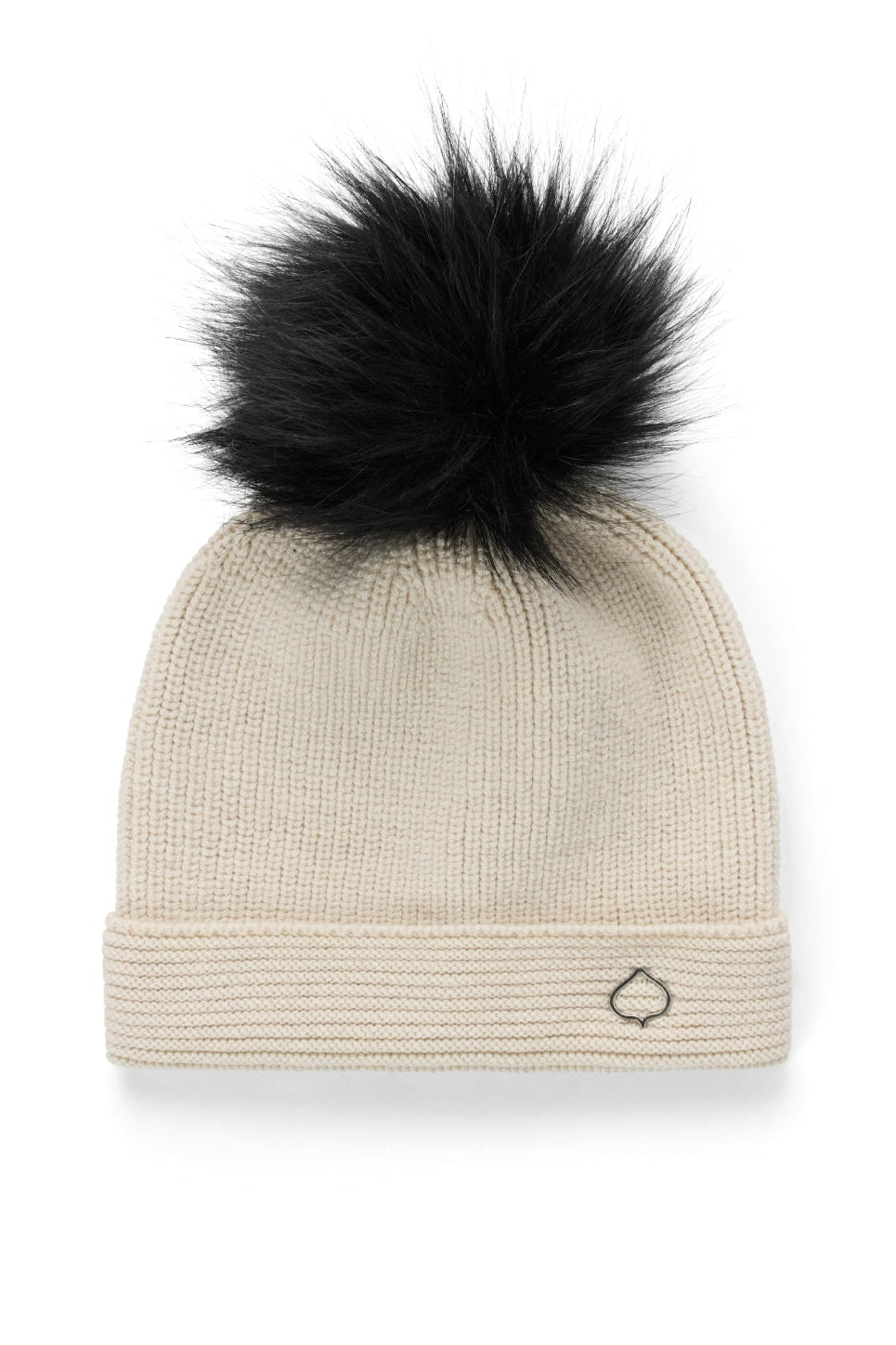 Beige knit beanie with a black faux fur pom-pom on a white background
