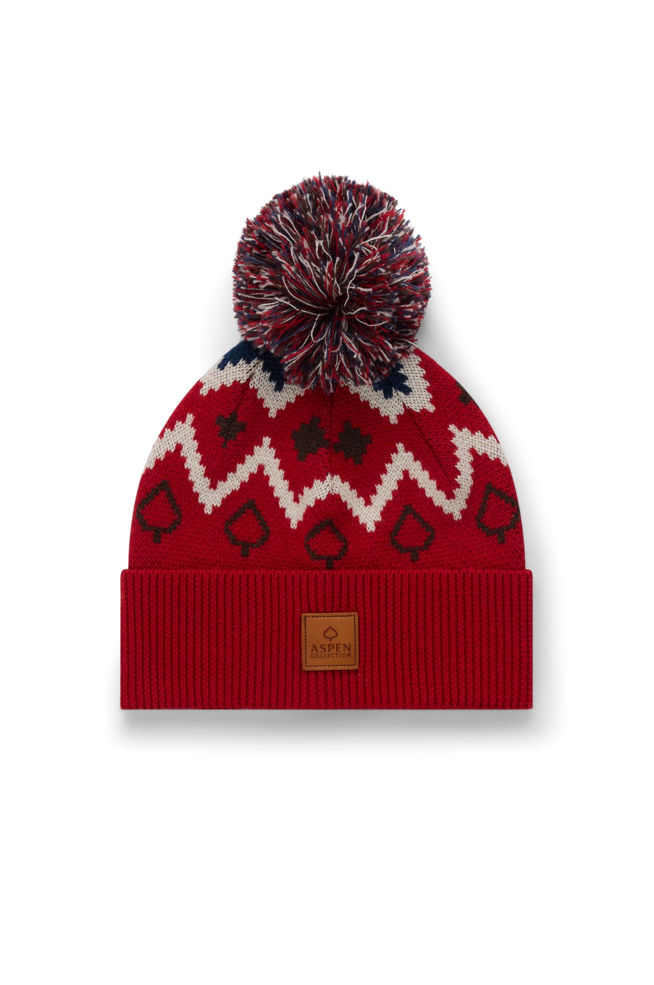 Red knit beanie with patterned pom-pom on a white background