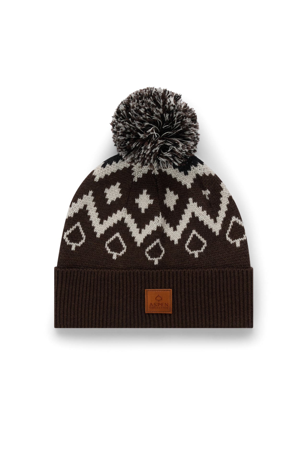 Knitted beanie with a pom-pom on a white background