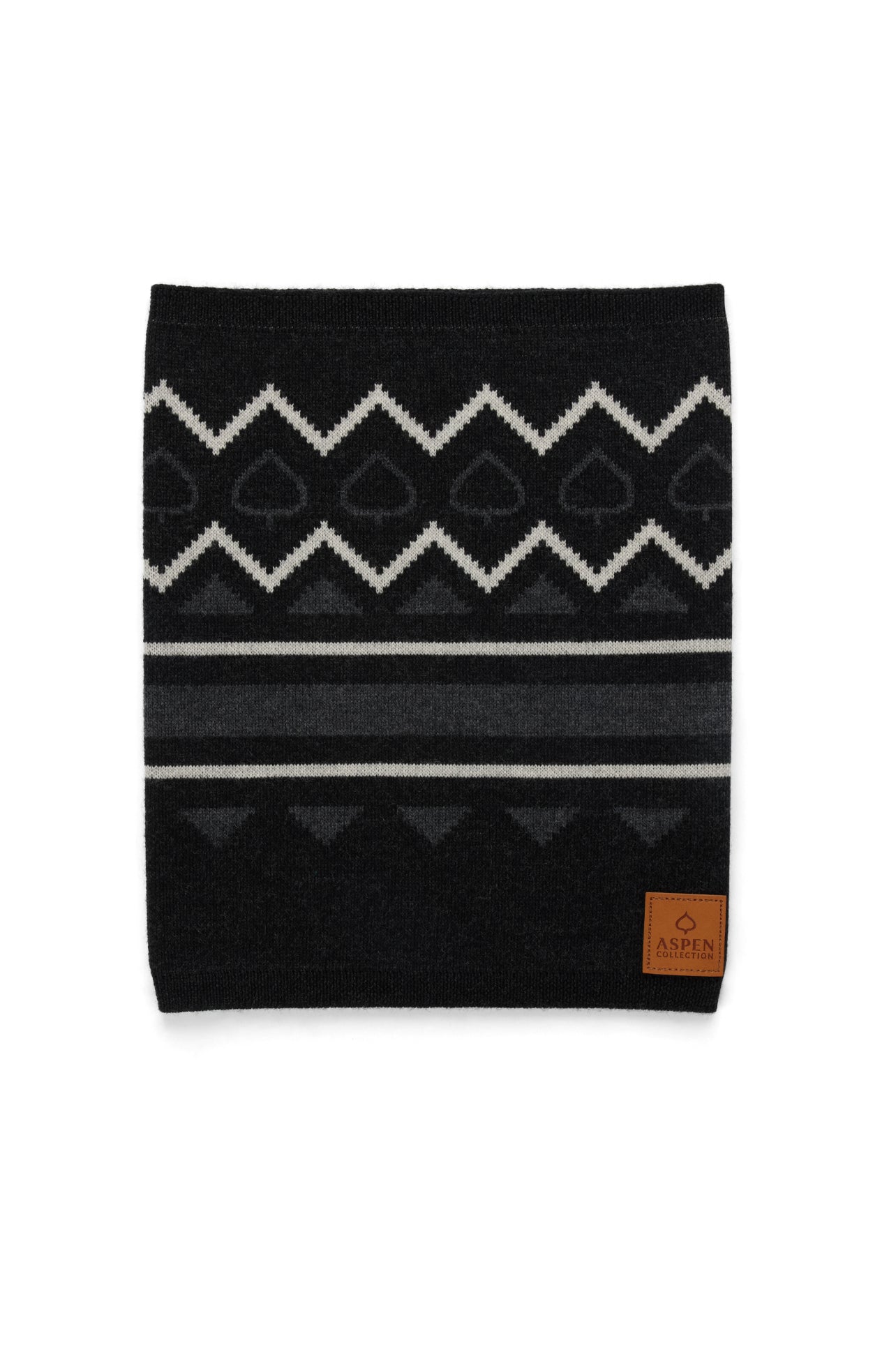 Black neckgaiter with white geometric pattern on a white background
