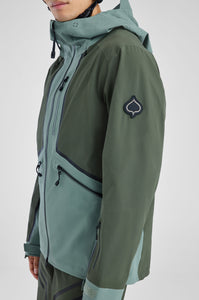 Green jacket with a brand logo on the sleeve against a white background