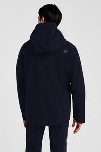 Person wearing a black hooded jacket on a white background