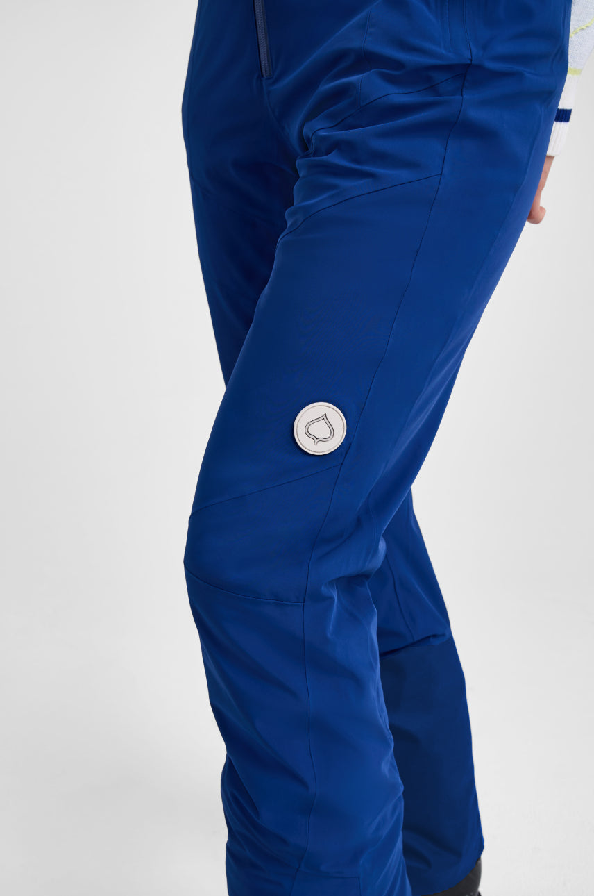Blue pants with a brand logo on a white background
