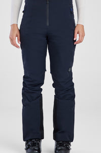Navy ski pants worn by a person on a white background