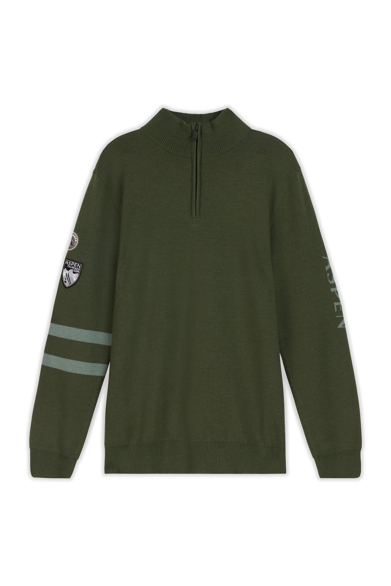 Green sweatshirt with a patch and stripe on sleeve against a white background