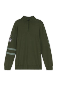 Green sweatshirt with a patch and stripe on sleeve against a white background