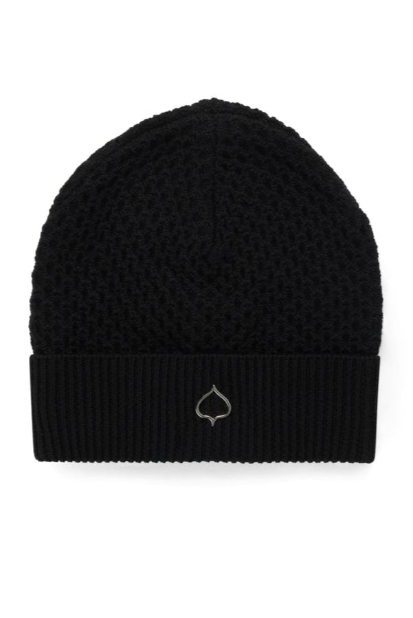 Black beanie with a small logo on a white background