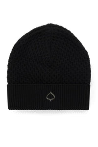 Black beanie with a small logo on a white background