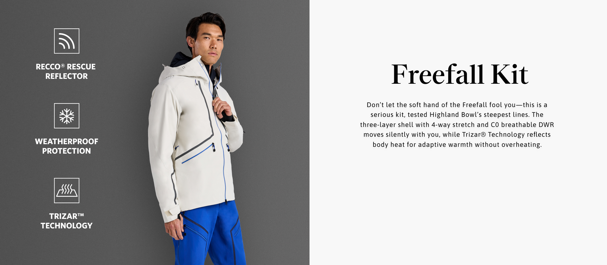 Person wearing a white jacket and blue pants with text about the Freefall Kit on a gray background