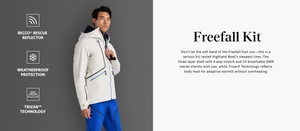 Person wearing a white jacket and blue pants with text about the Freefall Kit on a gray background