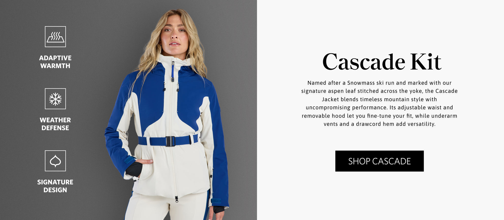 Person wearing a blue and white ski jacket with promotional text and branding on a gray background