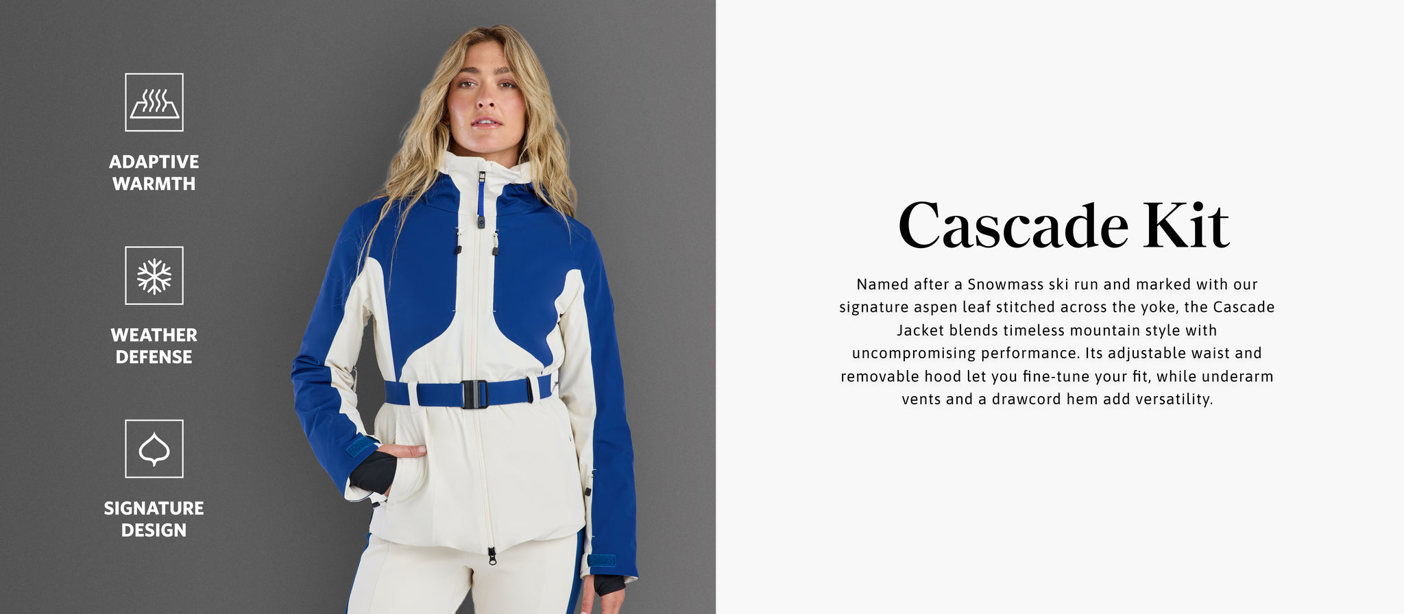Person wearing a blue and white ski jacket with text on the right side.