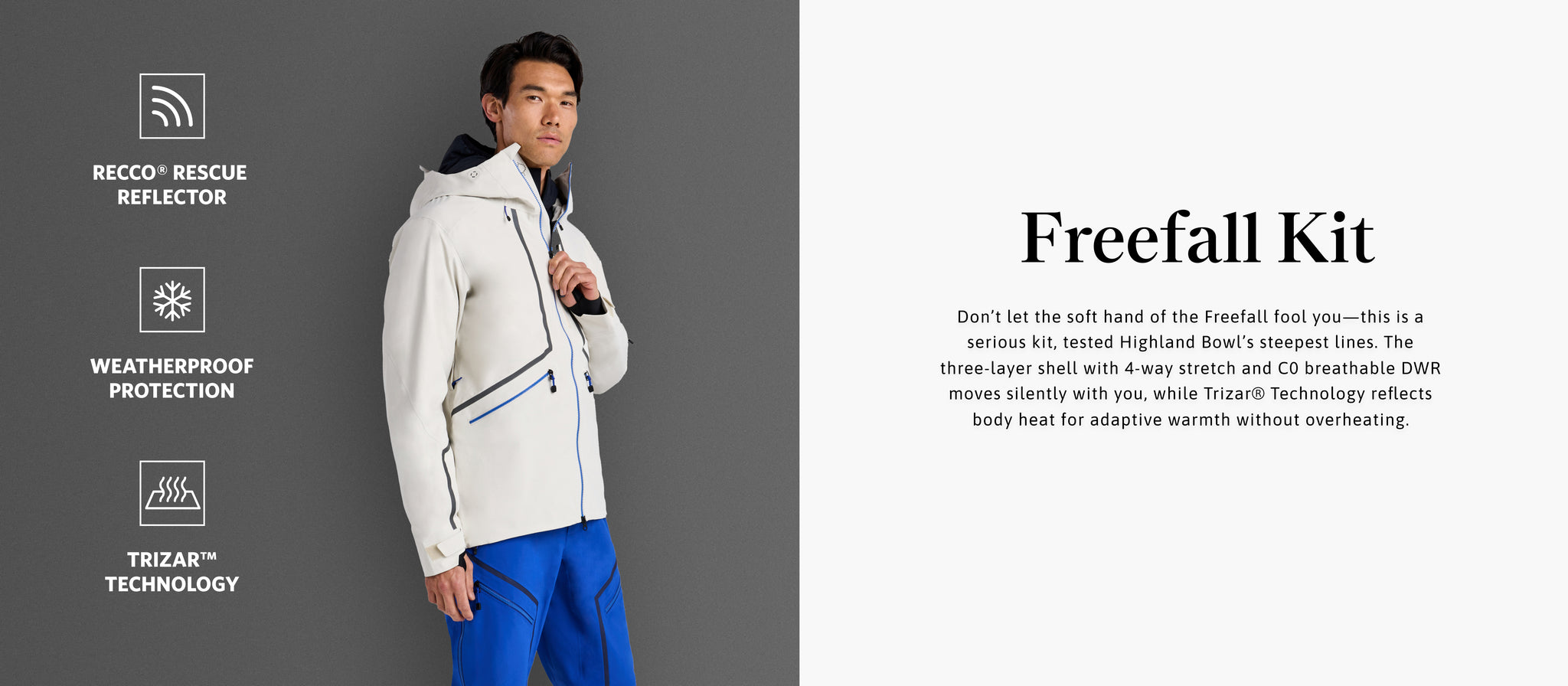 Man wearing a white jacket and blue pants with text and logos on a gray background