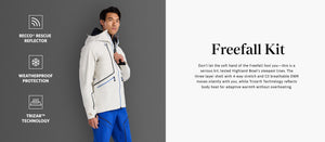 Man wearing a white jacket and blue pants with text and logos on a gray background