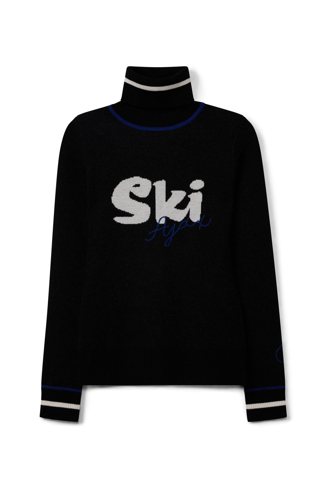 Black turtleneck sweater with 'Ski' text on a white background