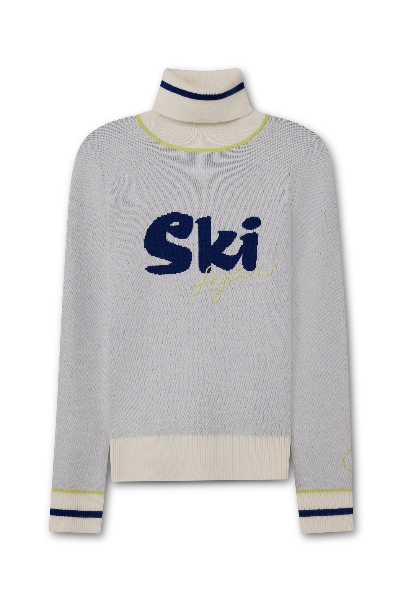 Gray sweater with 'Ski' text on a white background