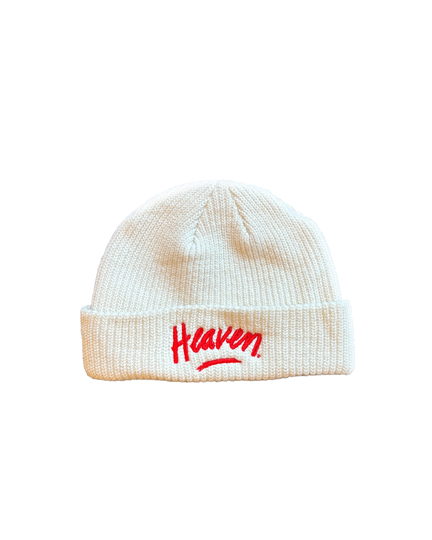 White knit beanie with the word "heaven" stitched into the front in red, witha. red underline, for Aspen Snowmass's art exhibit