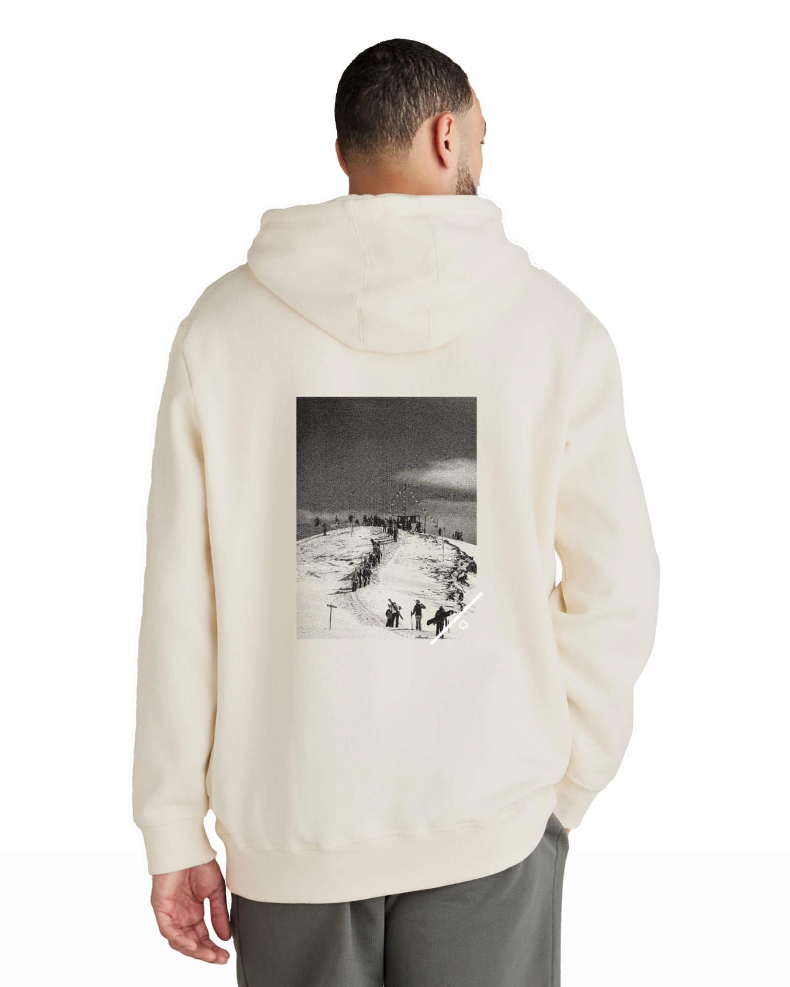 Aspen Collection unisex "hike hoodie", beige yellow with image of Aspen Highlands bowl hike on back of hoodie