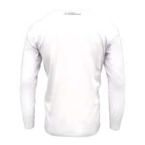 The back of a white long sleeve t-shirt
